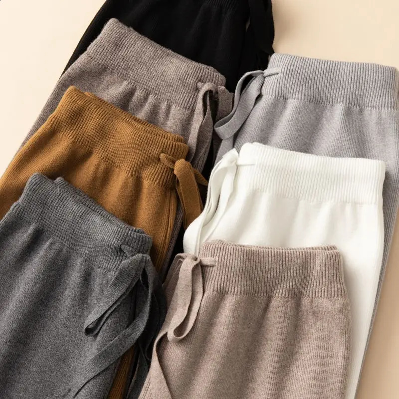 Thick knitted womens warm wide pants streetwear fashion autumn and winter elastic high waisted casual straight pants R76 240921