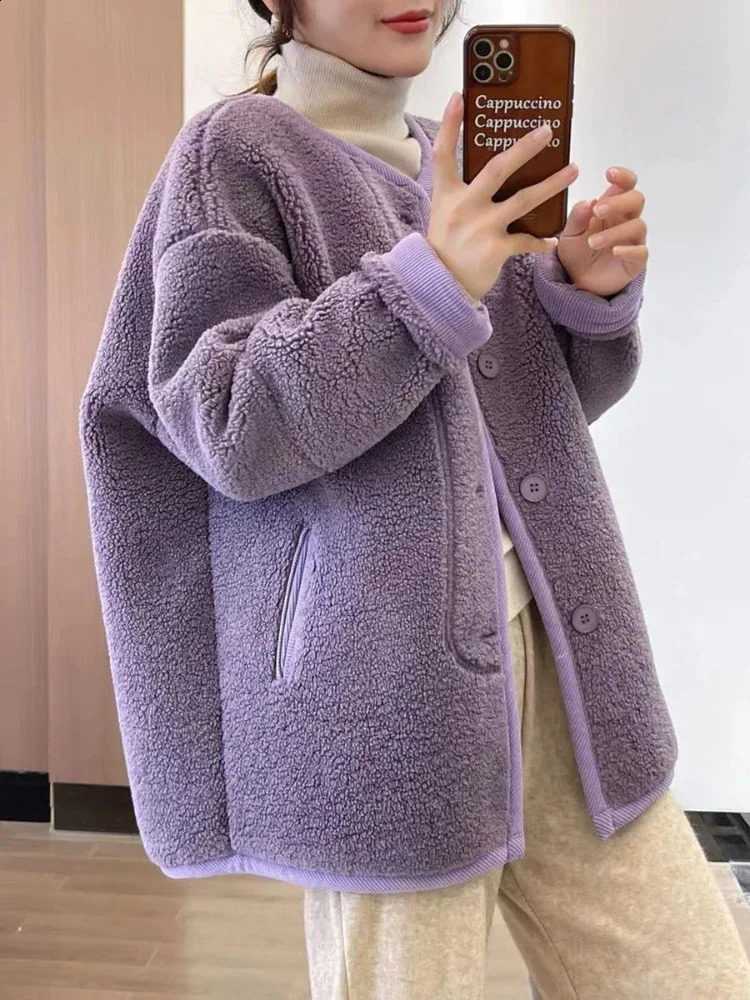 Womens clothing autumn and winter item V-neck plush jacket Korean fashion cashmere womens jacket Taro purple solid warm jacket 240918