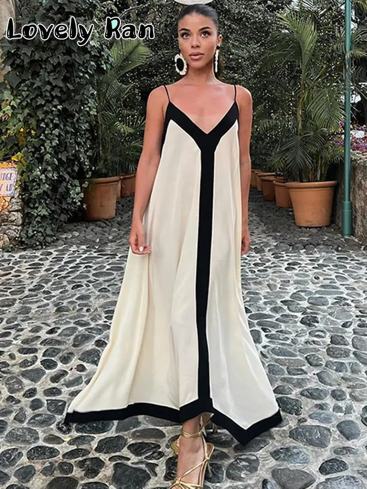 Elegant pendant Maxi sexy summer suspender beach womens backless V neck contrasting color vacation long dress 240921