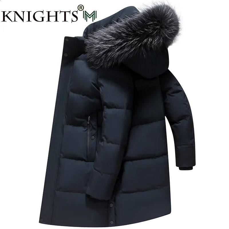 2024 Mens Down Jacket MidLength Winter Thick 90 White Duck Natural Animal Fur Collar MultiPockets Overcoat Men 240918
