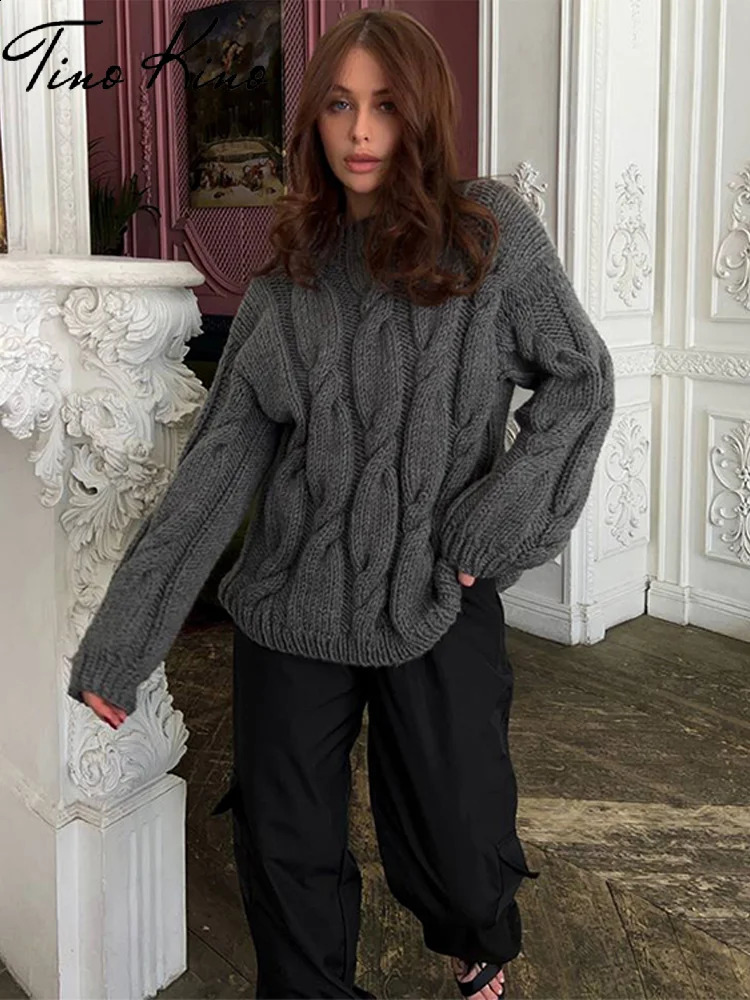 Twisted loose knit womens zipper casual O-neck long sleeved oversized womens sweater 2024 autumn winter fashion womens sweater 240921