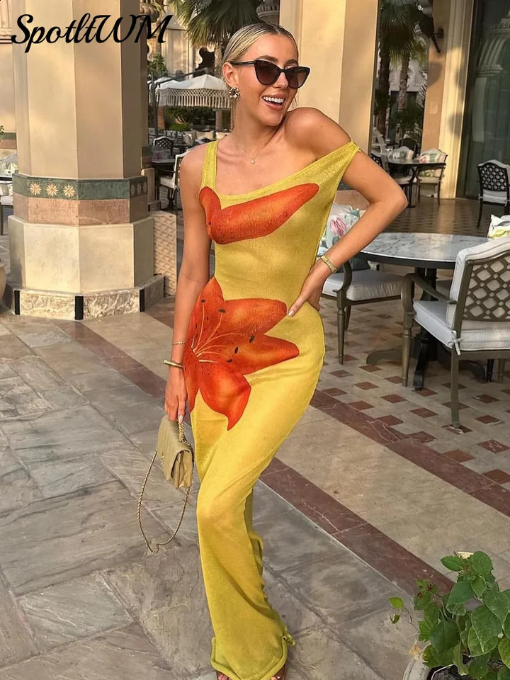 Fleur imprimée voir à travers une robe sans manches femmes Fashion Collier diagonal robes longues 2024 Robes de vacances de plage féminine d'été