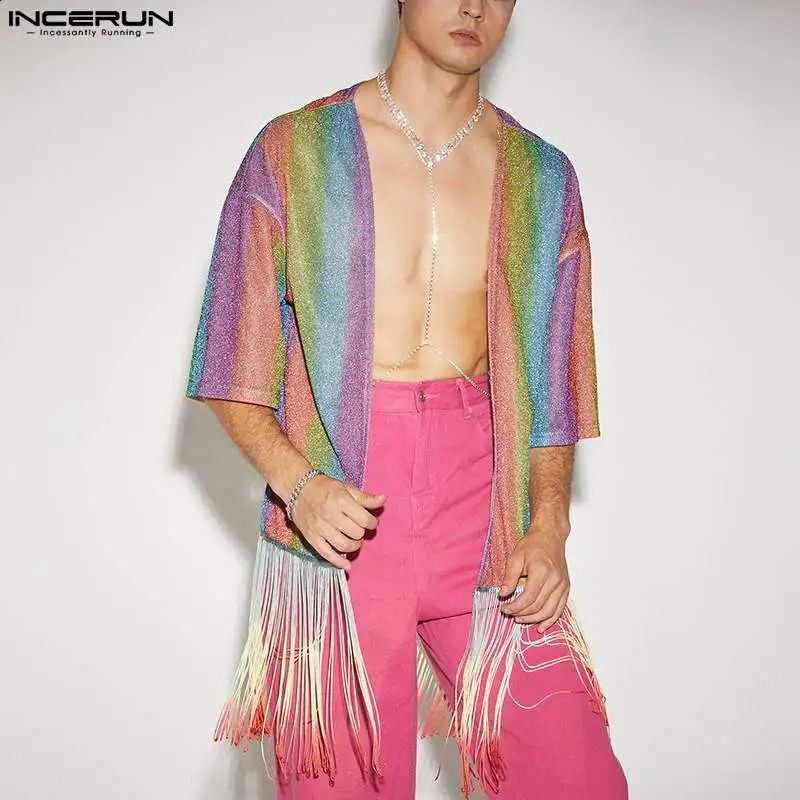 Fashionable and casual mens top INCERUN rainbow splicing work edge shirt fashionable mens selling mid sleeved cardigan S-5XL 240921