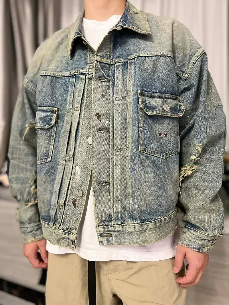 24ss Oversized SAINT MICHAEL Denim Jacket 1 Top Quality Washed Damaged Women Jackets Men Clothing 240911Z