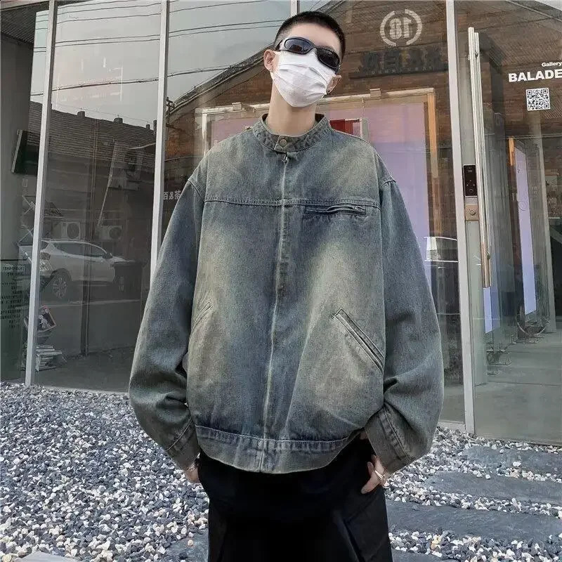 2024 Stand Collar Work Jacket Mens Trendy Loosefit Youth Casual Long Sleeve Denim 240911Z