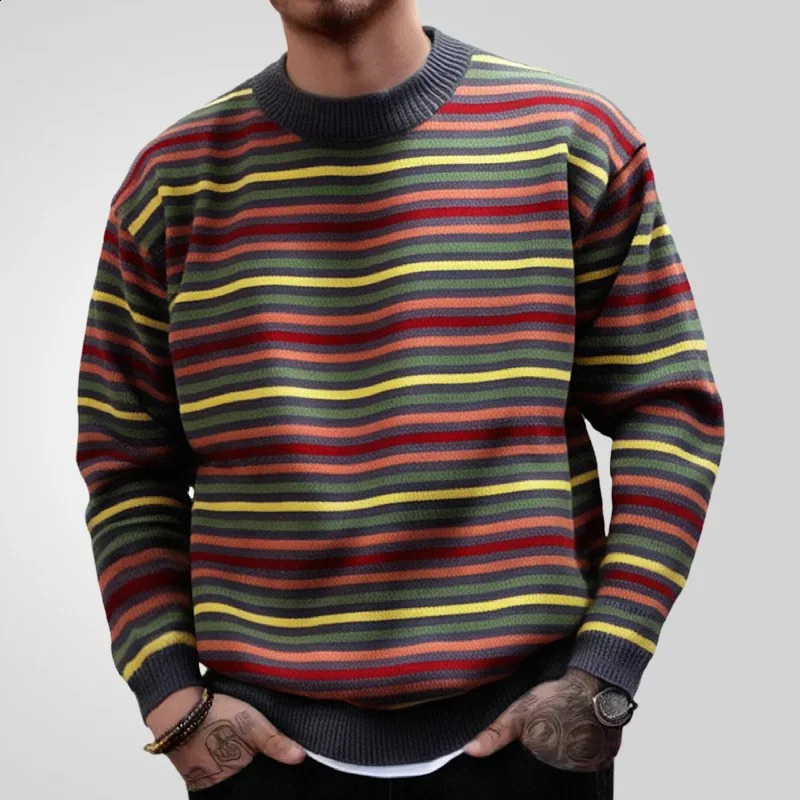 Autumn mens knitted rainbow striped pullover sweater retro O-neck long sleeved casual streetwear knitted M-3XL 240921