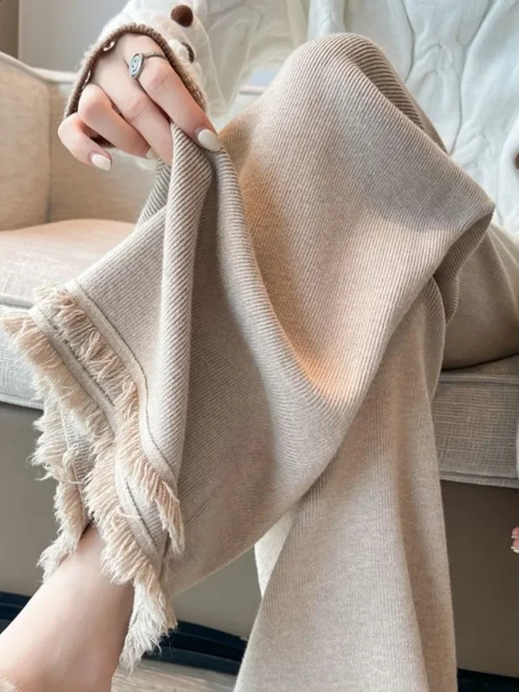 Womens high waisted thick knitted pants casual soft wide legged loose monochrome elegant and fashionable autumn winter 240921