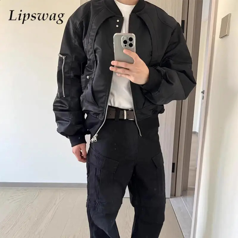 Y2K Mens Slim Short Jacket Coats Streetwear Autumn Stylish Zip-up Patchwork Jackets Men Clothes Vintage Stand Collar Coat Male 240914