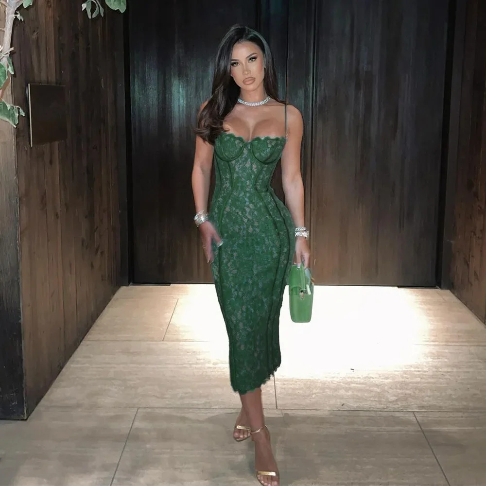 Summer long elegant formal with green spaghetti straps and V neck lace vintage birthday party dress 240921
