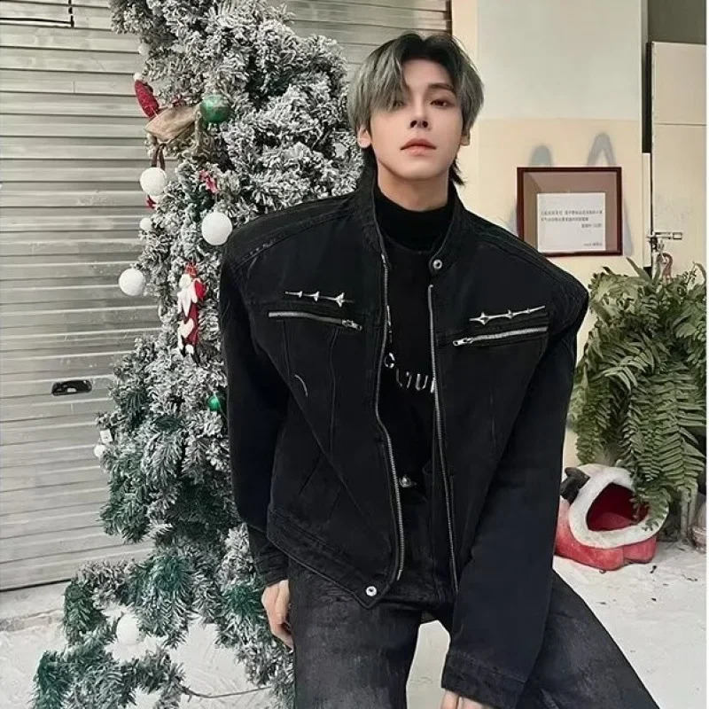 Vintage American Style Denim Jacket Cropped Metal n Sensibility No Collar Mens Trendy Washing Mat Shoulder 240911Z