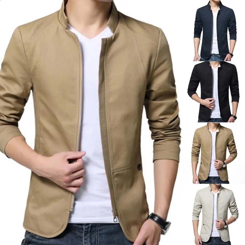 Mens jacket spring autumn fashionable business casual jacket solid color stand collar zipper pocket ultra-thin jacket 240921