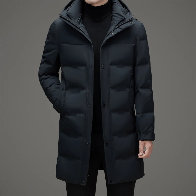 Classic winter mens warm mid white duck down jacket windproof long hooded inflatable jacket casual loose thick park jacket 240918