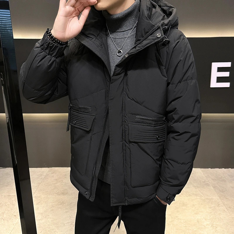 Mens warm solid color hooded duck down jacket winter casual windproof puff jacket loose down jacket 240918