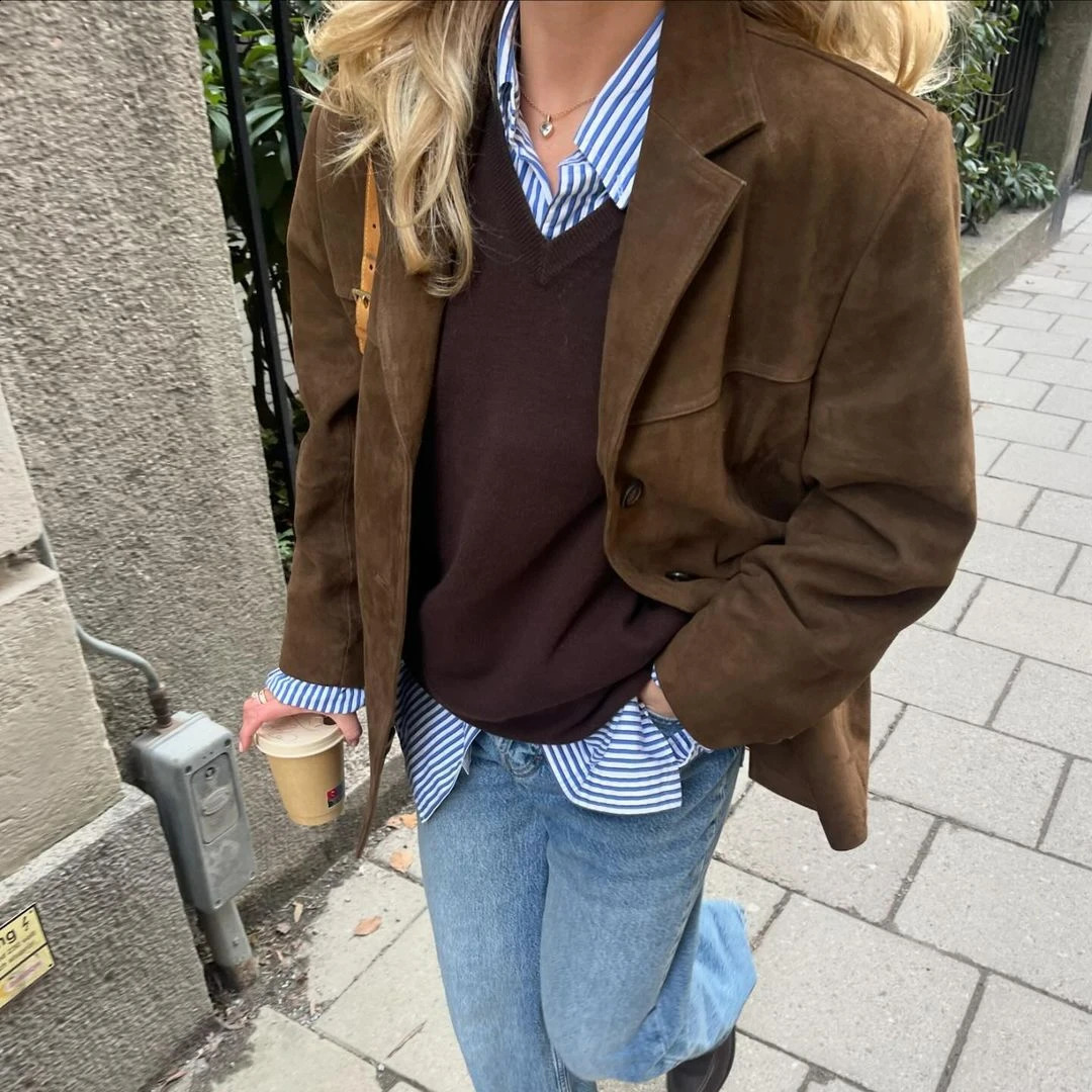 Autumn Winter Oversized Coats Women Fashion Vintage Lapel Pocket Suede Leather Jackets Brown Casual Long Sleeve Outwear 2024 240921