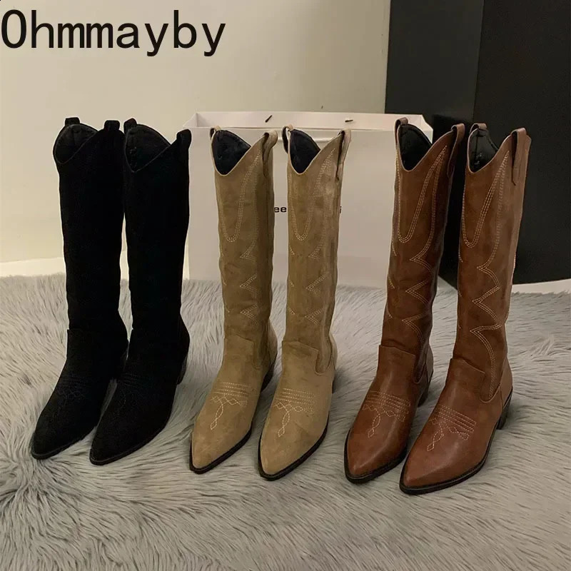 Women Cowboy Boots Fashion Square Low Heel Ladies Elegant Slip On Long Booties Winter Pointed Toe Womens Footwear 240921