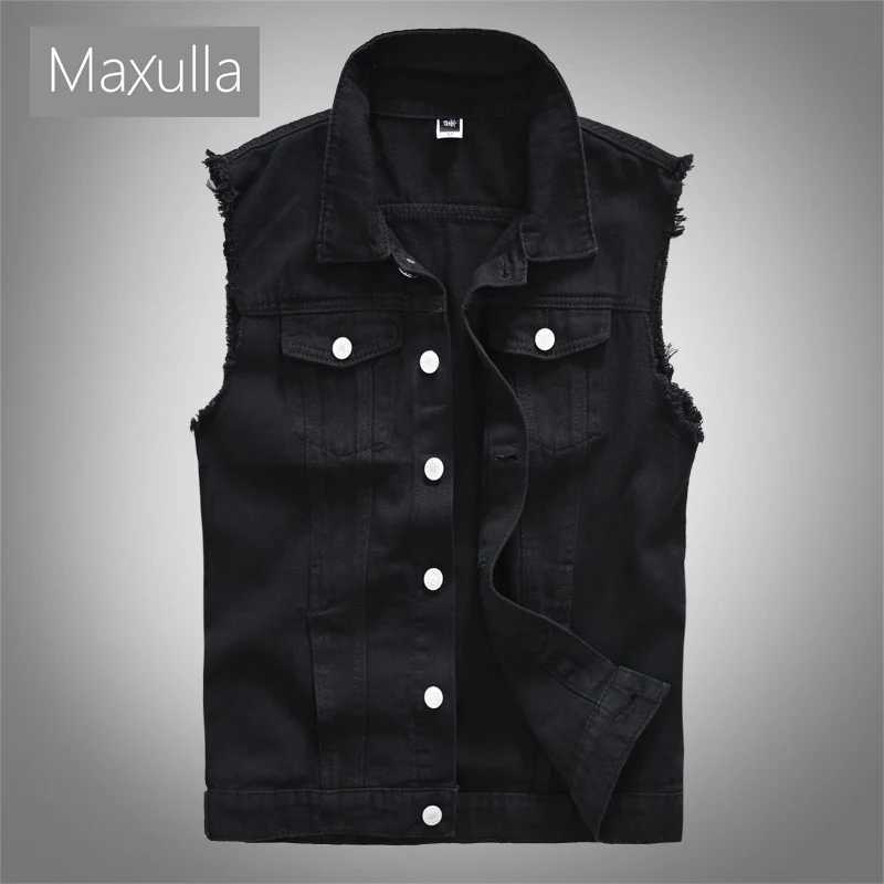Maxulla mens denim vest sleeveless jacket cotton retro tear ultra-thin fit Distressed Jean vest fashionable hip-hop vest mens clothing W240923