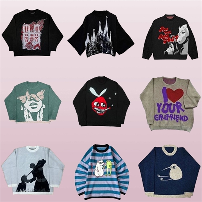 Aesthetics vintage kawaii Knitted Sweater Gothic Pullover Harajuku Mens Womens Sweater Warm Loose jumper streetwear unisex top 240914