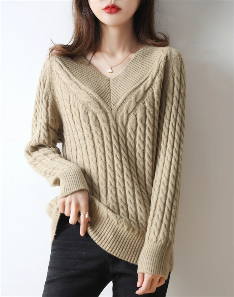 Cashmere sweater womens V-neck sweater solid color knitted turtle neck sweater loose plus size sweater womens 240921