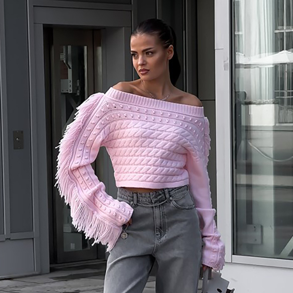 Casual Knitted One Neck Crop Top Pullovers Long Sleeve Side Tassel Sweaters Female Autumn Winter Lady Fashion Jumpers