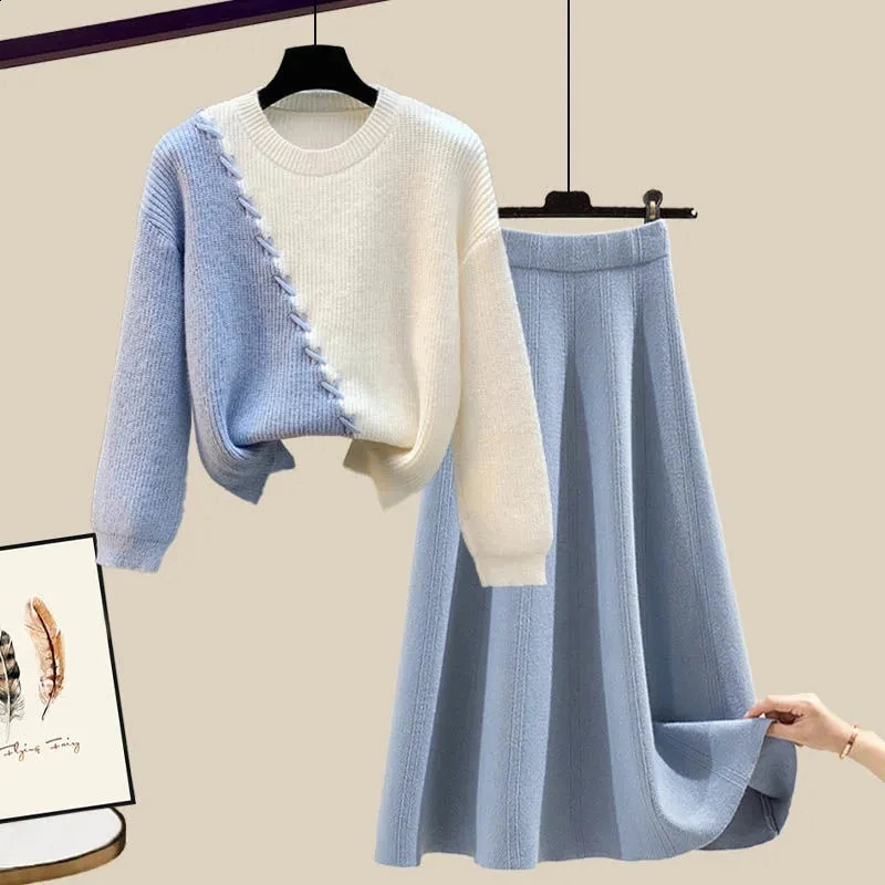 Plus Size Womens Spring Autumn Two Piece 2024 Loose O Neck knitted SweaterA Line Half Skirt Two-Piece Dresses Set 240919
