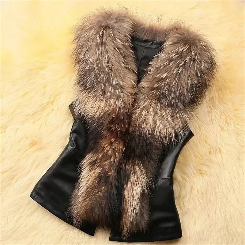 Womens fur vest womens PU leather vest model womens PU leather splicing artificial fox fur collar sleeveless jacket V415 240923