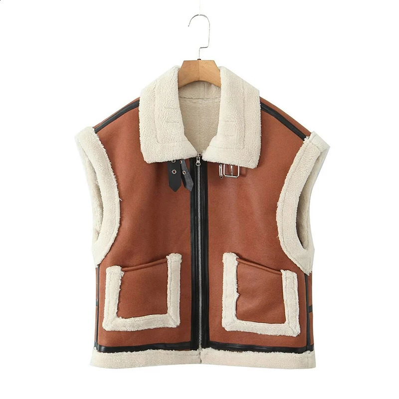 Autumn and winter collar fur integrated vest sheepskin velvet warm retro thick sheepskin pocket zipper womens vest 240923