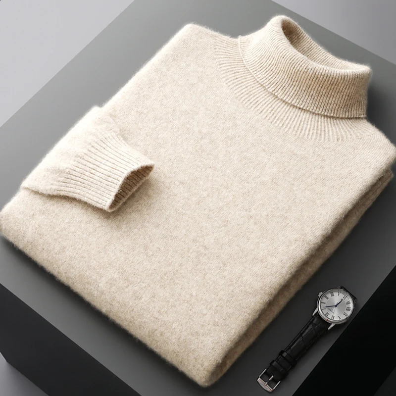 100% Pure Wool One-Piece Ready-to-wear Mens High Lapel Pullover Autumn and Winter Basic Knitted Versatile Sweater Casual Large 240923