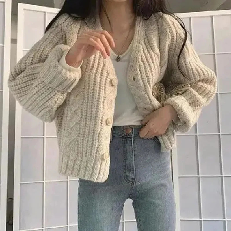 Fashion coréenne Cropped Twist Cardigan Womens 2024 Chic à manches longues en tricot à manches longues Veste de pull à col en V V Veste 240921