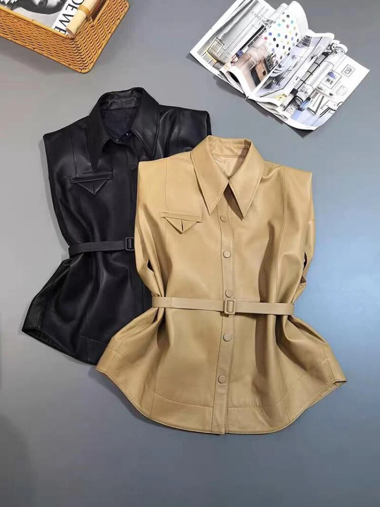 Leather sheepskin vest womens retro lapel waist button ultra-thin waist belt strapless Gilet Donna 240923