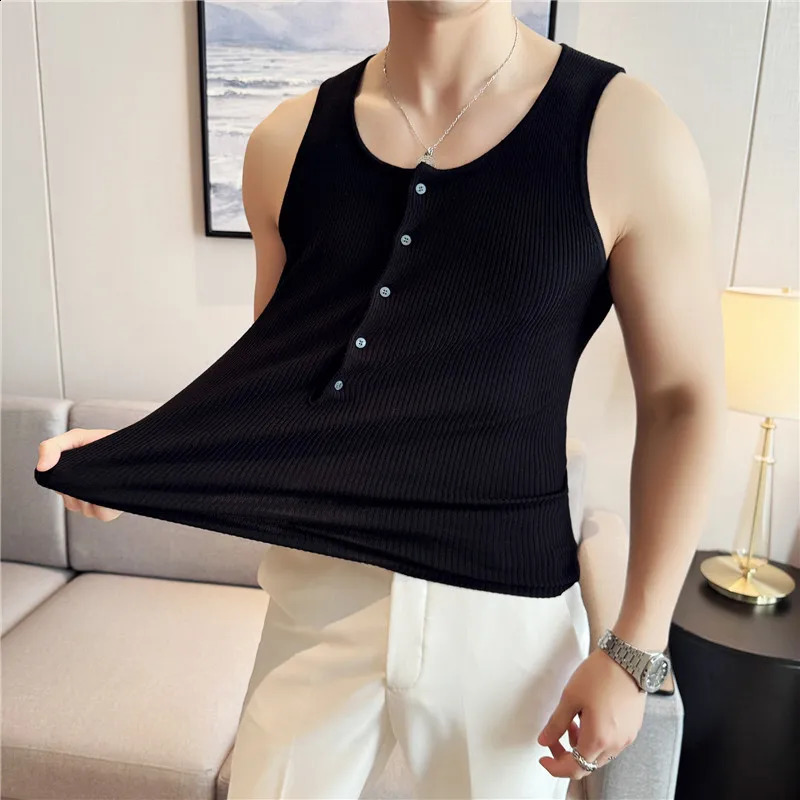 Knitted Tank Top Summer Solid Color Leisure Sports Running Fitness Elastic Slimming Sleeveless T shirt Mens Clothing 240923