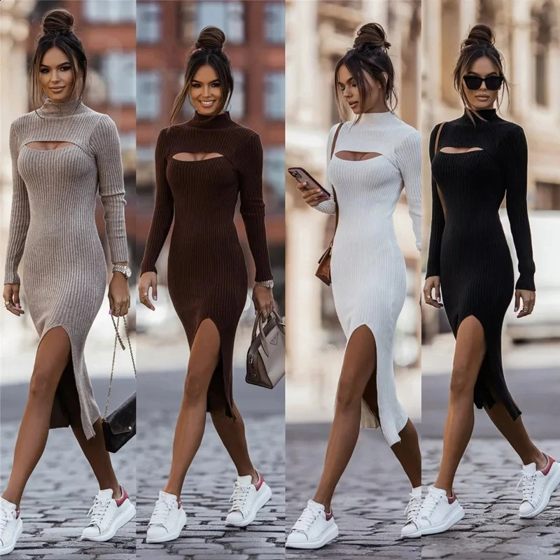 Pullover Knitted Dress Womens Elegant Casual High Necklace Knitted Open Knitted Sweater Autumn Winter Plus Frock 240921