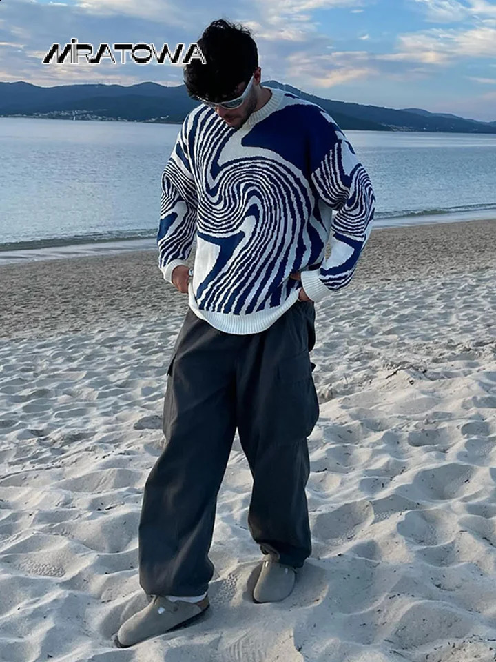 Street Oversize Vortex Jacquard Weave Pullover Mens Trendy Long Sleeve Pullover Jumper Autumn Male O Neck Knitted Sweater 240914
