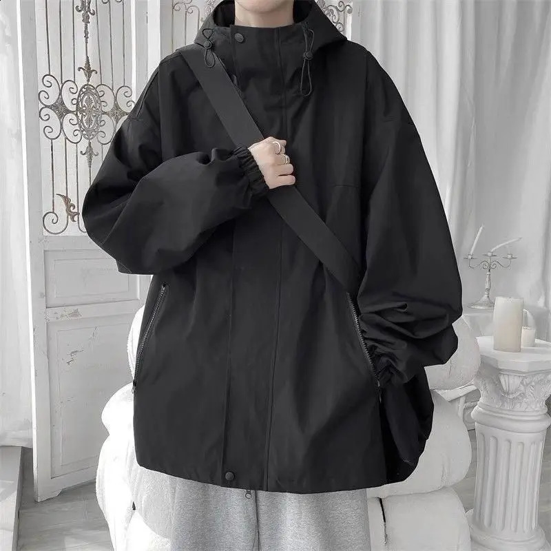 Mens Black Zipper Patchwork Loose Coats Spring Autumn Long Sleeve Solid Trend Casual Jackets Fashion Vintage Men Clothing 240914