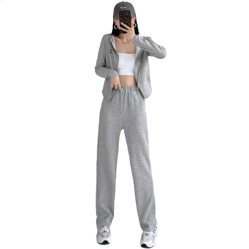 Plus size autumn womens sportswear cotton Korean style hooded jacket wide leg pants running and jogging set 240923