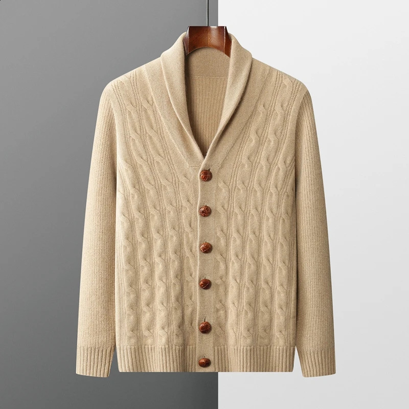 Category A 100% Goat Cashmere Sweater Mens Stand Collar Cardigan Casual Knitted Twist Top Autumn and Winter Jacket Espeso 240923
