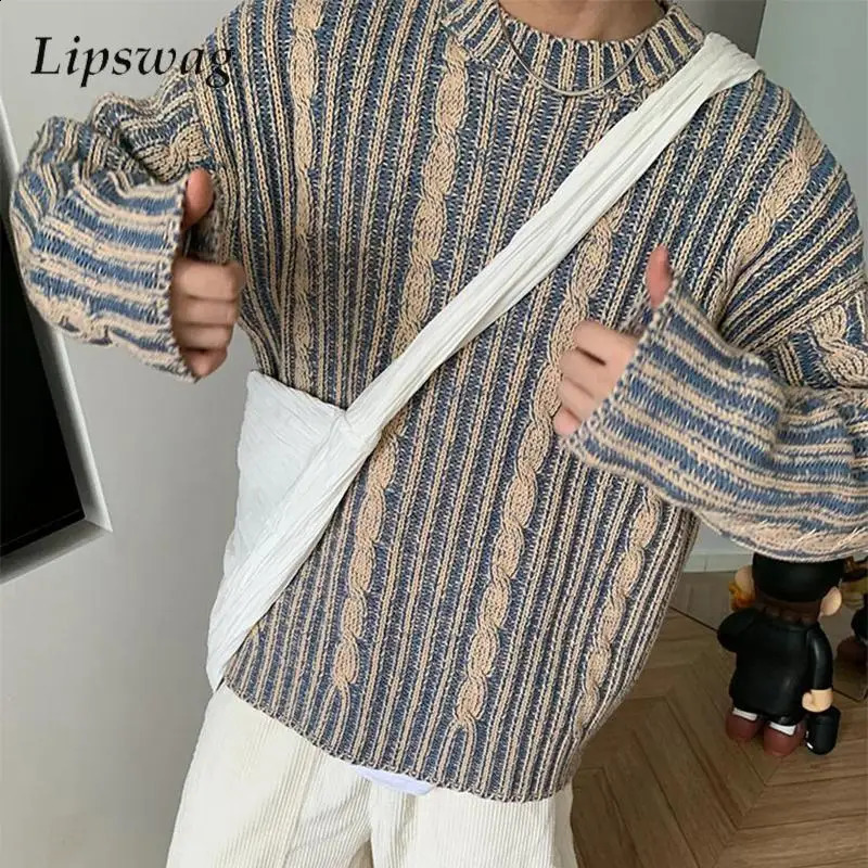 Vintage Striped Crochet Knit Mens Sweaters Stylish O Neck Long Sleeve Jumper Men Knitted Tops Fall Fashionable Knitting Sweater 240914