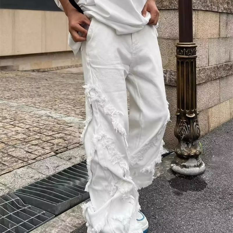 American Style Erosion Damage Raw Edge Street Jeans Mens Harajuku Style Hip-hop Dance Straight White Jeans Womens Y2k Clothing 240923