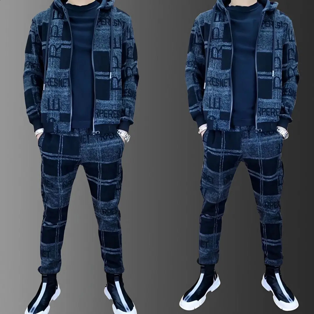 Autumn and winter mens thick wool sweatshirt fashionable and high-quality cardigan long sleeved mens casual trend two-piece set 240923