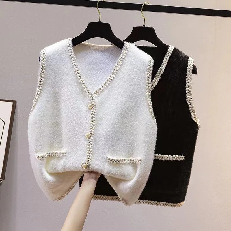 Korean Womens Wool Vest Leather and Fur Integrated Fashion Vest Womens V-neck Sleeveless Short Sleeve Jacket 240923