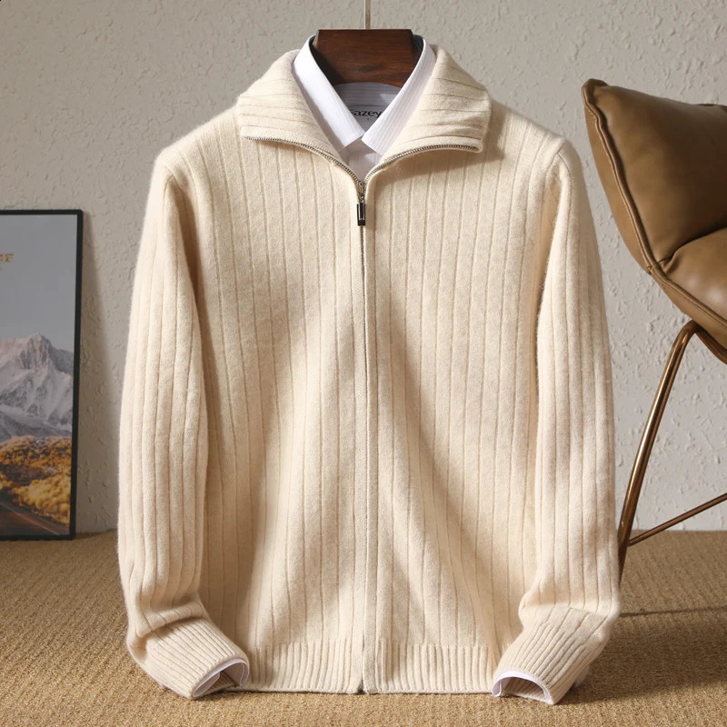 Mens Coat Winter Thickened 100% Merino Wool Sweater Business Casual Zipper Lapel Cardigan Long Sleeved Warm Knit Jacket 240923