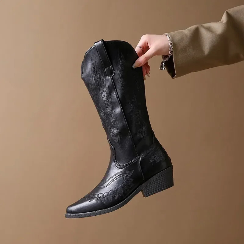 Vintage Embroidered Western Women Cowboy Boots Winter 2024Chunky Heel Shoes Fashion Pointed Toe Mid-Calf Knights Boots 240921