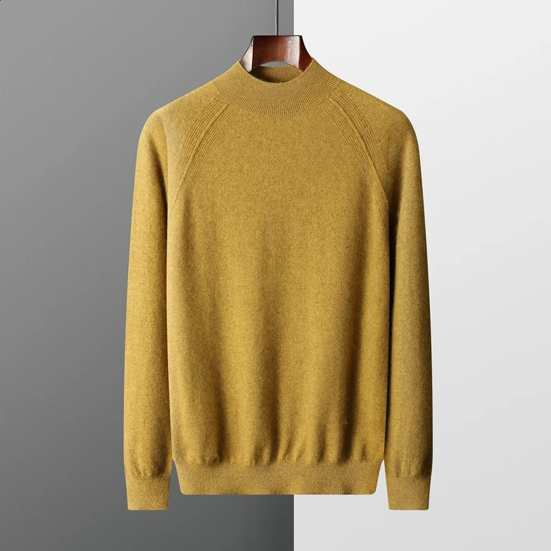 Autumn Winter Mens 100% Cashmere Sweater Half High Collar Knitted Pullover Tops Lightweight Warm Long Sleeve Solid Color 240923
