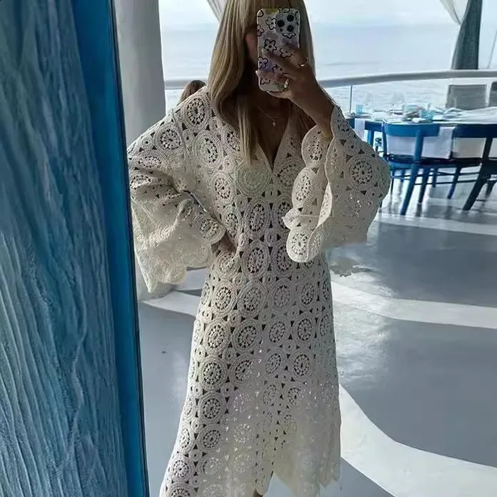 Robe maxi blanche tricotée sexy femme élégante creux à jupe ouverte de plage jupe de soleil manche en V