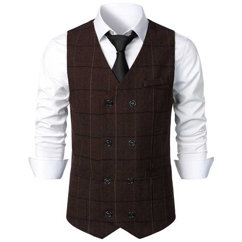Wxw4861 office retro plain weave vest mens ultra-thin double chest mens vest retro sleeveless vest split combination jacket W240923