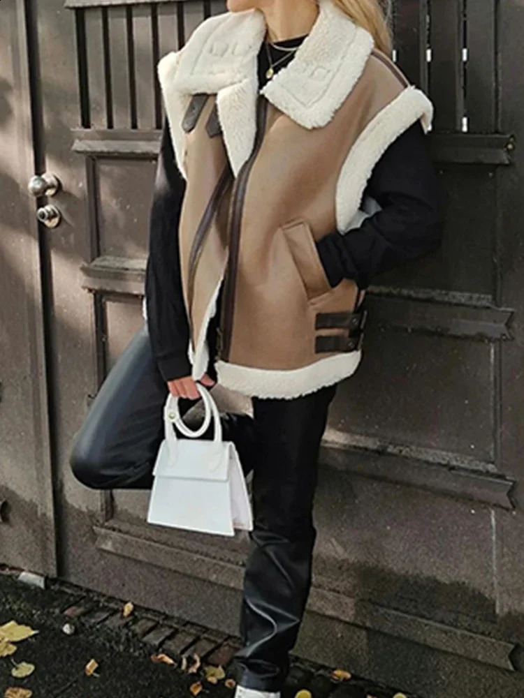 Traf Autumn Winter Womens Fur Vest High Street Female Faux Sheepskin Fur Coat Chic Fleece Thick Wool Warm Sleeveless Coat 240923