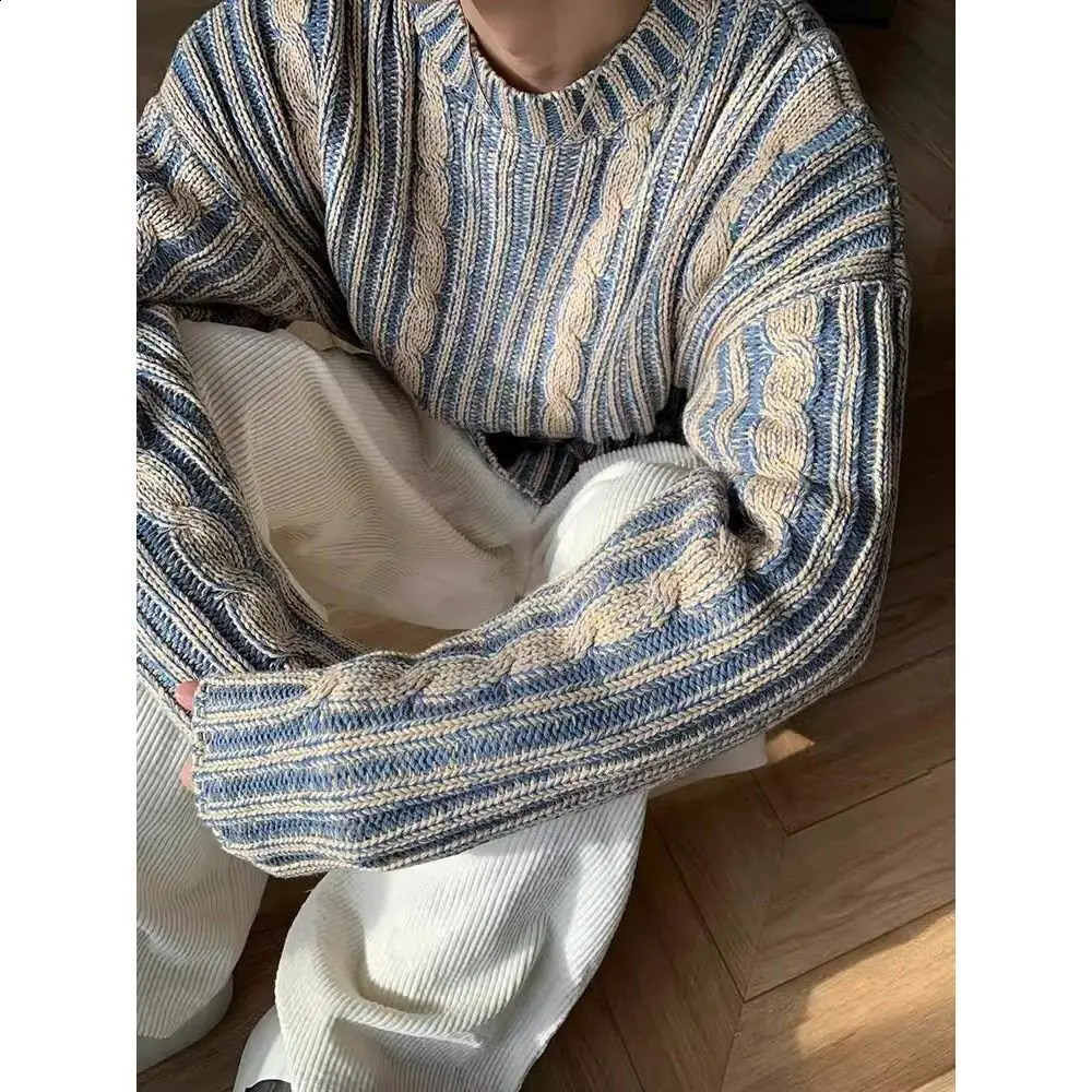 Autumn Winter Striped Sweater American Style Retro Loose Casual High Street Sweaters Men Tops Pullovers Male Clothes Knitwear 240914