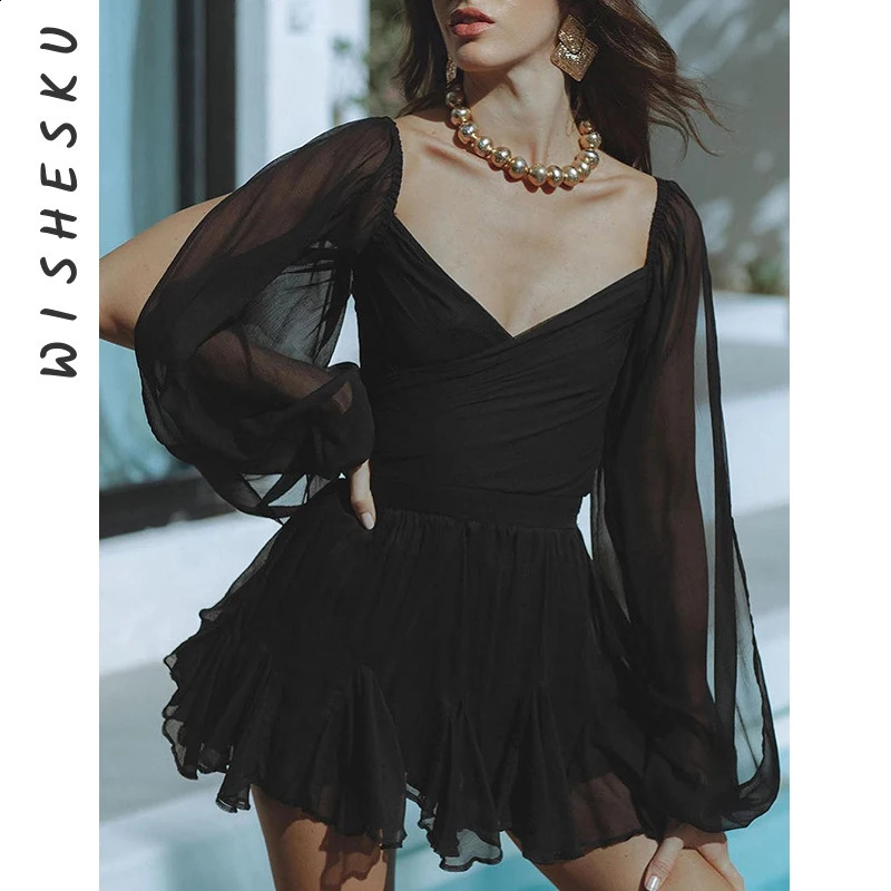 Women Hollow Out Lantern Sleeve Mini Dress Sexy Solid V Neck Green Mesh Short Vestidos Spring Summer Lady Holiday Dresses 240921