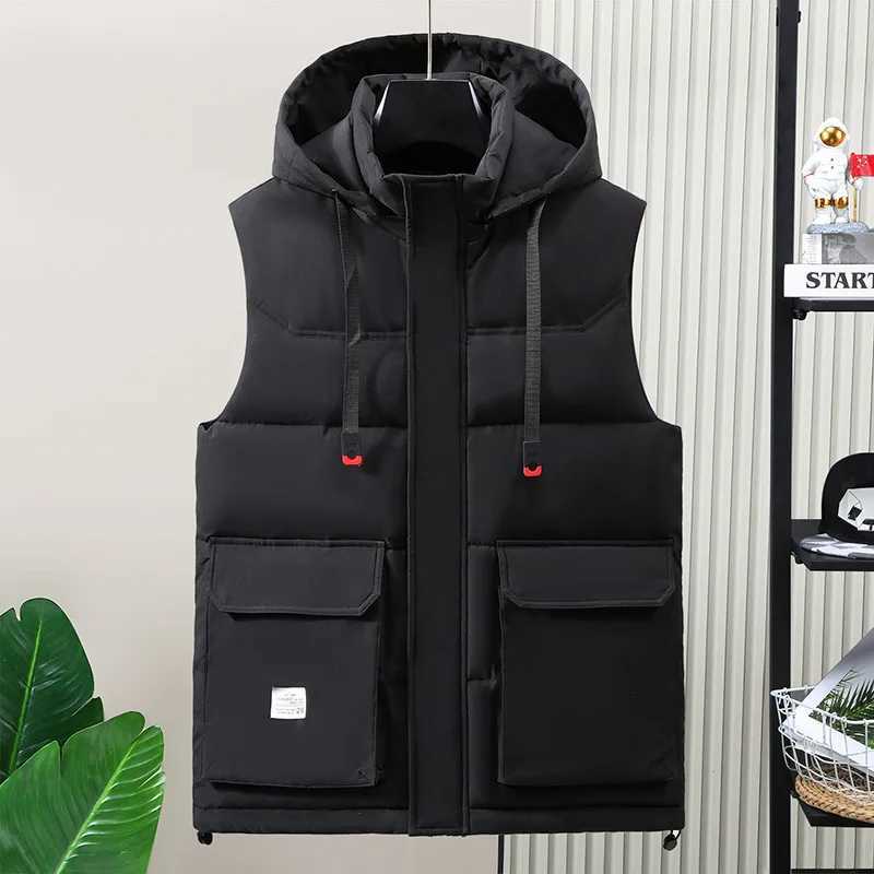 Wxw3634 winter vest jacket mens zipper hooded vest jacket pocket jacket thick plus size 5XL 6XL mens warm vest ultra-thin W240923
