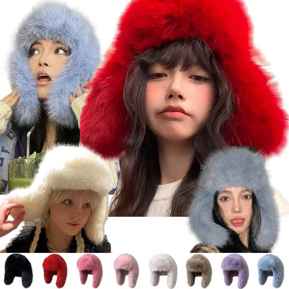 Beanie/Skull Caps 53-58cm Faux Fox Fur Earflap Beanie Hats For Women Winter Outdoor Warm Luxury Plush Ski Windproof Panama Unisex Bomber Hat H241