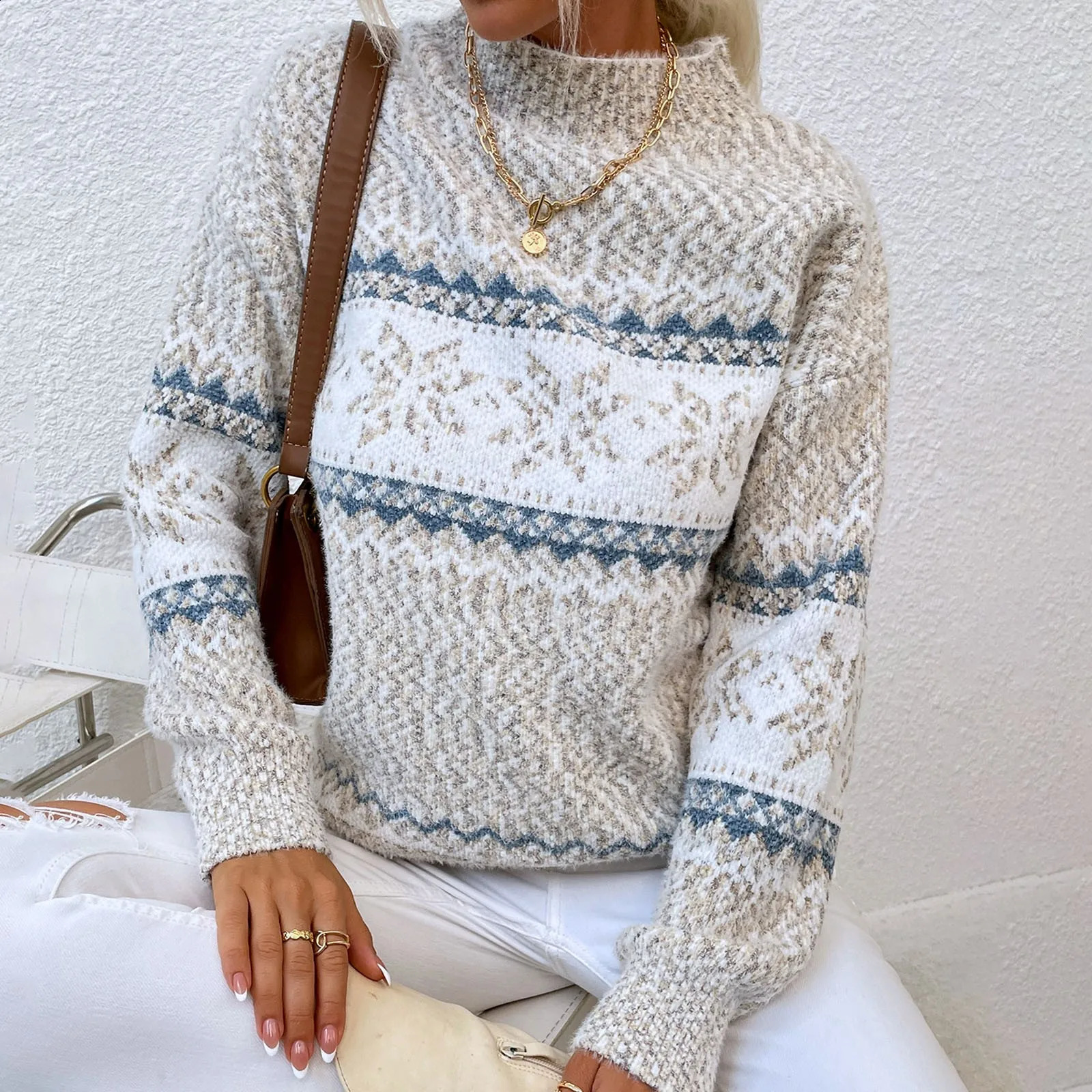 Femmes automne / hiver motif de flocon de neige pull de Noël femme ronde couche à manches longues élégantes tricot tricot tricot top 240923